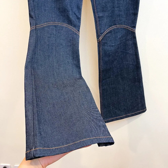 Ellery Dark Wash Denim Contrast Stitch High Waist Boho Designer Flare Jeans 27 - Picture 3 of 12